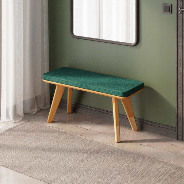 Han Bench 100 x 38 cm, petrol keten döşeme, masif kayın gövde, ev ortamında kullanım görünümü