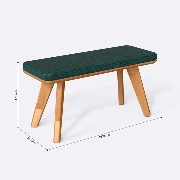 Han Bench 100 x 38 cm ölçülendirilmiş teknik görünümü, petrol keten döşeme, milimetre cinsinden ölçüler