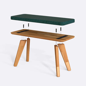 Han Bench 100 x 38 cm parçalarına ayrılmış montaj görünümü, petrol keten oturum ve masif kayın ayaklar