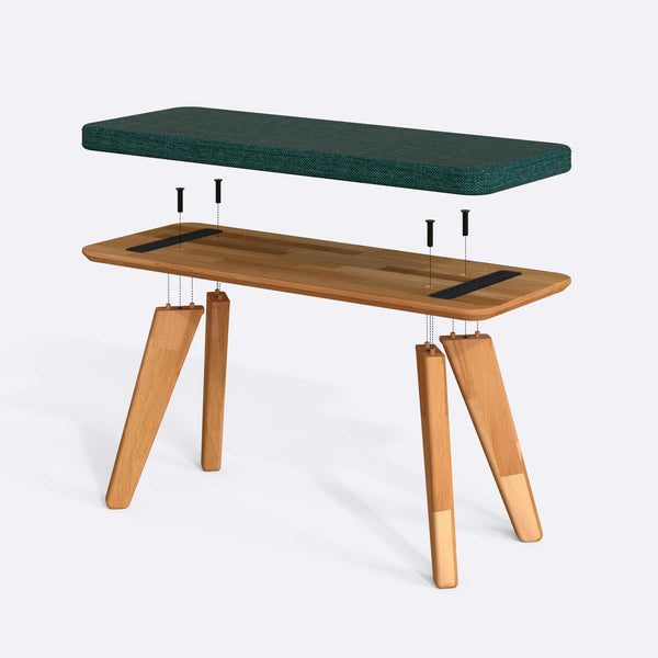 Han Bench 100 x 38 cm parçalarına ayrılmış montaj görünümü, petrol keten oturum ve masif kayın ayaklar