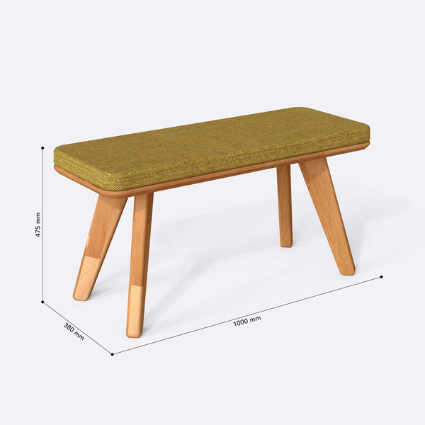 Han Bench 100 x 38 cm ölçülendirilmiş teknik görünümü, sarı keten döşeme, milimetre cinsinden ölçüler