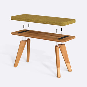 Han Bench 100 x 38 cm parçalarına ayrılmış montaj görünümü, sarı keten oturum ve masif kayın ayaklar