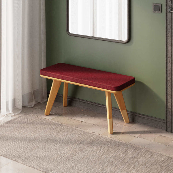 Han Bench 100 x 38 cm, bordo keten döşeme, masif kayın gövde, ev ortamında kullanım görünümü