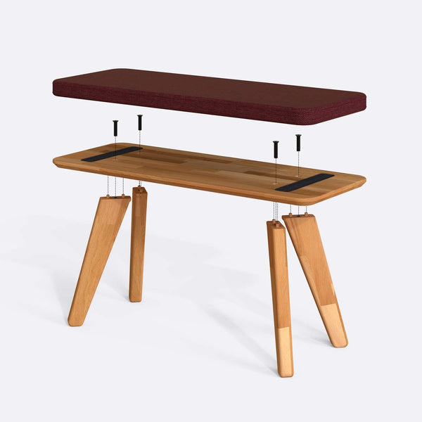 Han Bench 100 x 38 cm parçalarına ayrılmış montaj görünümü, bordo keten oturum ve masif kayın ayaklar