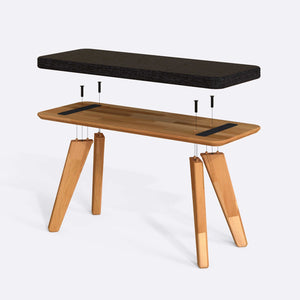Han Bench 100 x 38 cm parçalarına ayrılmış montaj görünümü, siyah keten oturum ve masif kayın ayaklar