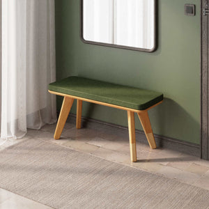 Han Bench 100 x 38 cm, yeşil keten döşeme, masif kayın gövde, ev ortamında kullanım görünümü