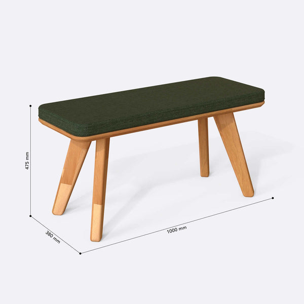 Han Bench 100 x 38 cm ölçülendirilmiş teknik görünümü, yeşil keten döşeme, milimetre cinsinden ölçüler
