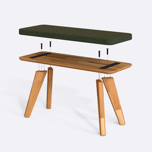 Han Bench 100 x 38 cm parçalarına ayrılmış montaj görünümü, yeşil keten oturum ve masif kayın ayaklar