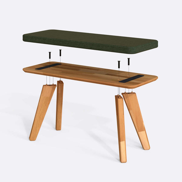 Han Bench 100 x 38 cm parçalarına ayrılmış montaj görünümü, yeşil keten oturum ve masif kayın ayaklar
