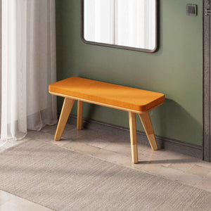 Han Bench 100 x 38 cm, badem kadife döşeme, masif kayın gövde, ev ortamında kullanım görünümü