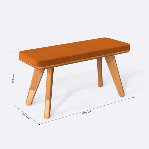 Han Bench 100 x 38 cm ölçülendirilmiş teknik görünümü, badem kadife döşeme, milimetre cinsinden ölçüler