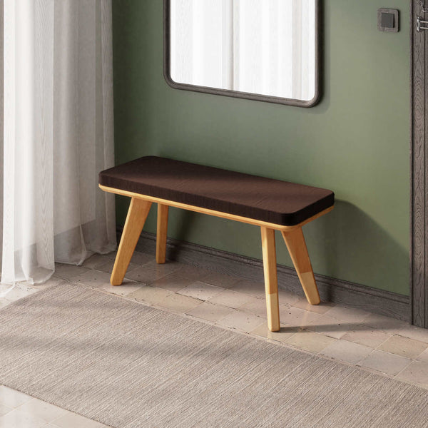 Han Bench 100 x 38 cm, kahve kadife döşeme, masif kayın gövde, ev ortamında kullanım görünümü