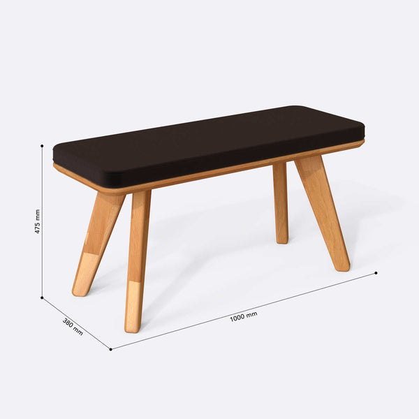 Han Bench 100 x 38 cm ölçülendirilmiş teknik görünümü, kahve kadife döşeme, milimetre cinsinden ölçüler