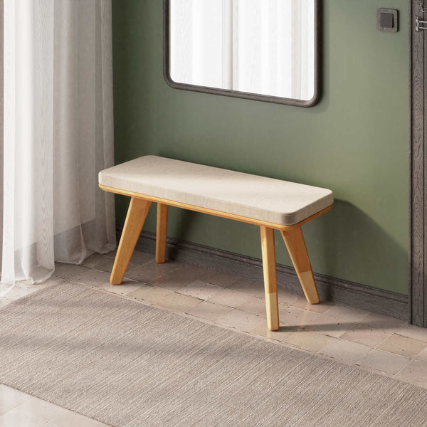 Han Bench 100 x 38 cm, kum kadife döşeme, masif kayın gövde, ev ortamında kullanım görünümü