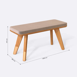 Han Bench 100 x 38 cm ölçülendirilmiş teknik görünümü, kum kadife döşeme, milimetre cinsinden ölçüler
