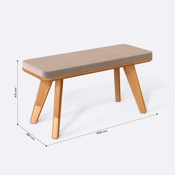 Han Bench 100 x 38 cm ölçülendirilmiş teknik görünümü, kum kadife döşeme, milimetre cinsinden ölçüler