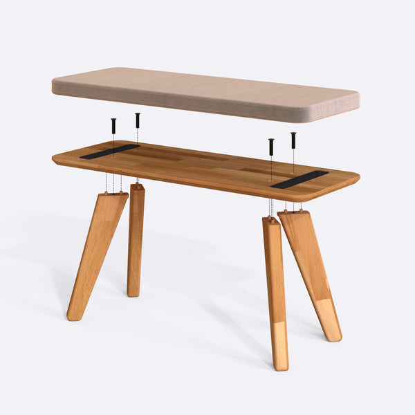 Han Bench 100 x 38 cm parçalarına ayrılmış montaj görünümü, kum kadife oturum ve masif kayın ayaklar