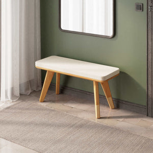 Han Bench 100 x 38 cm, ekru kadife döşeme, masif kayın gövde, ev ortamında kullanım görünümü