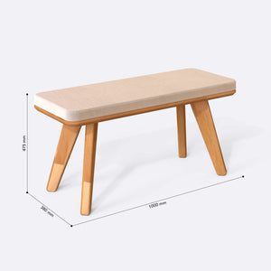 Han Bench 100 x 38 cm ölçülendirilmiş teknik görünümü, ekru kadife döşeme, milimetre cinsinden ölçüler