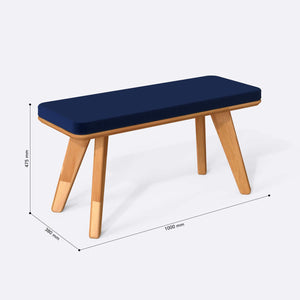 Han Bench 100 x 38 cm ölçülendirilmiş teknik görünümü, lacivert kadife döşeme, milimetre cinsinden ölçüler