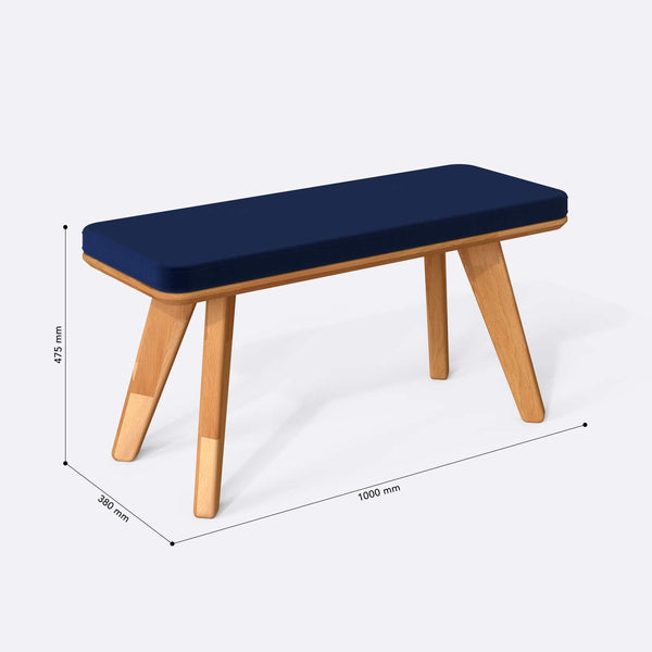 Han Bench 100 x 38 cm ölçülendirilmiş teknik görünümü, lacivert kadife döşeme, milimetre cinsinden ölçüler