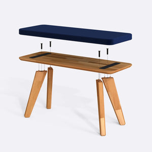 Han Bench 100 x 38 cm parçalarına ayrılmış montaj görünümü, lacivert kadife oturum ve masif kayın ayaklar