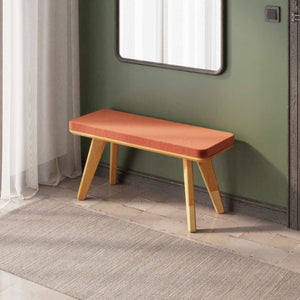 Han Bench 100 x 38 cm, somon kadife döşeme, masif kayın gövde, ev ortamında kullanım görünümü