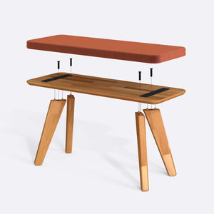 Han Bench 100 x 38 cm parçalarına ayrılmış montaj görünümü, somon kadife oturum ve masif kayın ayaklar