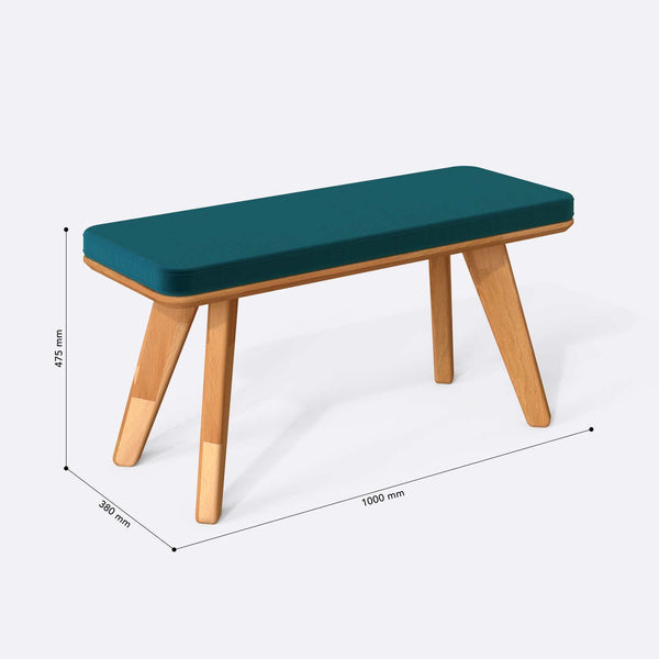 Han Bench 100 x 38 cm ölçülendirilmiş teknik görünümü, petrol kadife döşeme, milimetre cinsinden ölçüler