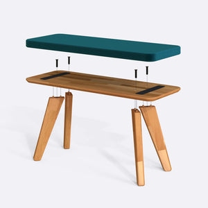 Han Bench 100 x 38 cm parçalarına ayrılmış montaj görünümü, petrol kadife oturum ve masif kayın ayaklar