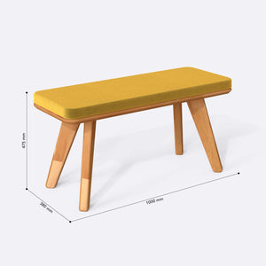 Han Bench 100 x 38 cm ölçülendirilmiş teknik görünümü, sarı kadife döşeme, milimetre cinsinden ölçüler