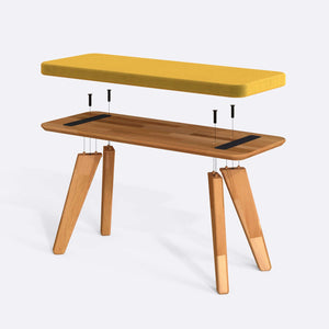 Han Bench 100 x 38 cm parçalarına ayrılmış montaj görünümü, sarı kadife oturum ve masif kayın ayaklar