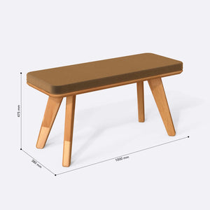 Han Bench 100 x 38 cm ölçülendirilmiş teknik görünümü, vizon kadife döşeme, milimetre cinsinden ölçüler