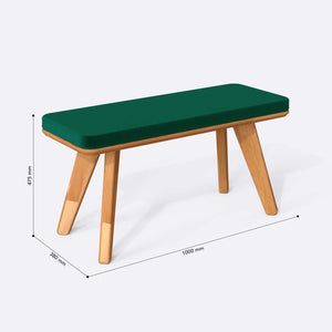 Han Bench 100 x 38 cm ölçülendirilmiş teknik görünümü, zümrüt kadife döşeme, milimetre cinsinden ölçüler