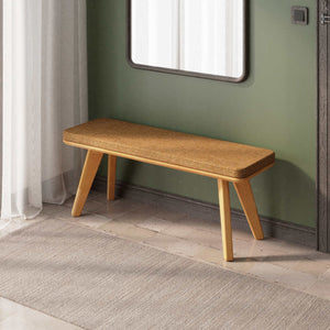 Han Bench 120 x 38, badem keten döşeme, masif kayın gövde, ev ortamında kullanım görünümü