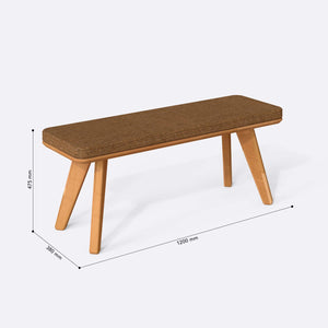 Han Bench 120 x 38 ölçülendirilmiş teknik görünümü, badem keten döşeme, milimetre cinsinden ölçüler