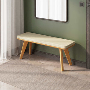 Han Bench 120 x 38, kum keten döşeme, masif kayın gövde, ev ortamında kullanım görünümü