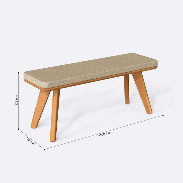 Han Bench 120 x 38 ölçülendirilmiş teknik görünümü, kum keten döşeme, milimetre cinsinden ölçüler