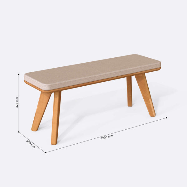 Han Bench 120 x 38 ölçülendirilmiş teknik görünümü, ekru keten döşeme, milimetre cinsinden ölçüler