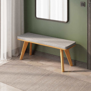 Han Bench 120 x 38, gri keten döşeme, masif kayın gövde, ev ortamında kullanım görünümü