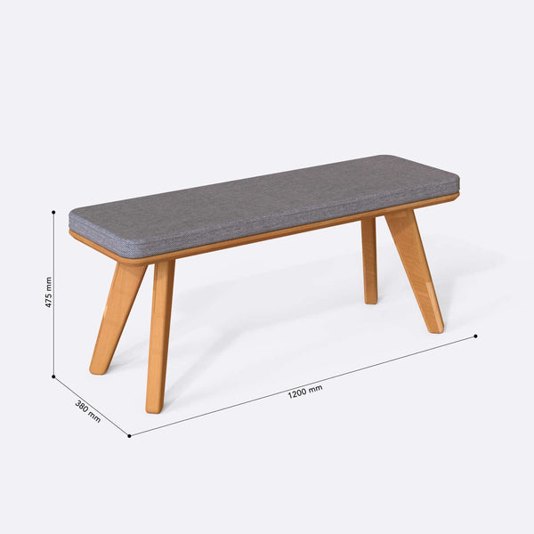 Han Bench 120 x 38 ölçülendirilmiş teknik görünümü, gri keten döşeme, milimetre cinsinden ölçüler