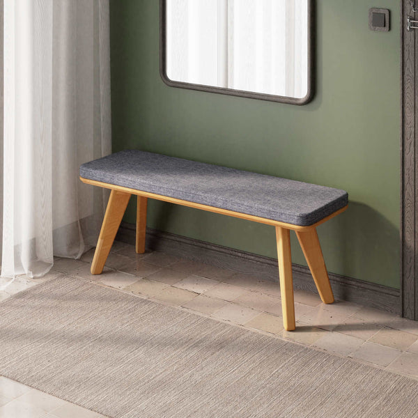 Han Bench 120 x 38, kül keten döşeme, masif kayın gövde, ev ortamında kullanım görünümü
