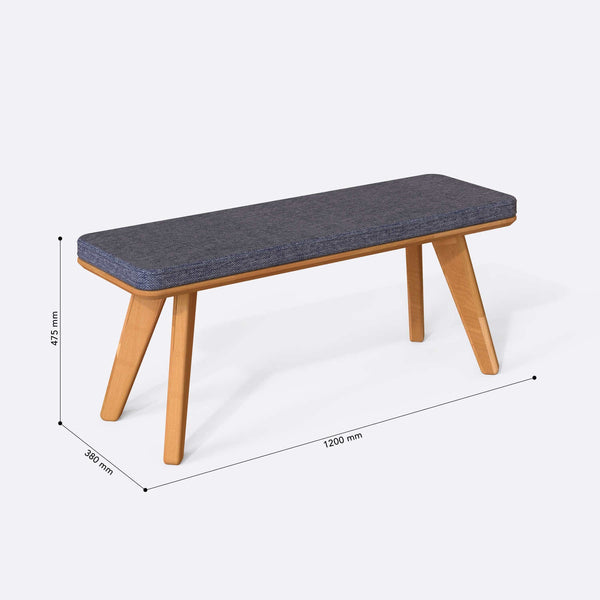 Han Bench 120 x 38 ölçülendirilmiş teknik görünümü, kül keten döşeme, milimetre cinsinden ölçüler