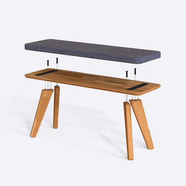Han Bench 120 x 38 parçalarına ayrılmış montaj görünümü, kül keten oturum ve masif kayın ayaklar