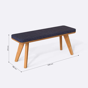 Han Bench 120 x 38 ölçülendirilmiş teknik görünümü, lacivert keten döşeme, milimetre cinsinden ölçüler
