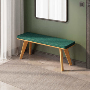 Han Bench 120 x 38, petrol keten döşeme, masif kayın gövde, ev ortamında kullanım görünümü