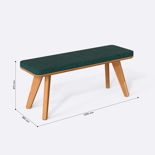 Han Bench 120 x 38 ölçülendirilmiş teknik görünümü, petrol keten döşeme, milimetre cinsinden ölçüler