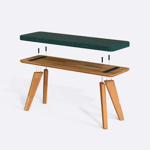 Han Bench 120 x 38 parçalarına ayrılmış montaj görünümü, petrol keten oturum ve masif kayın ayaklar