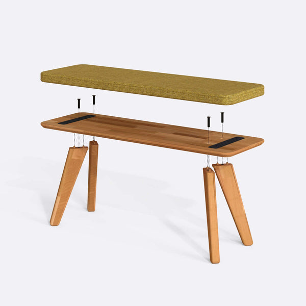 Han Bench 120 x 38 parçalarına ayrılmış montaj görünümü, sarı keten oturum ve masif kayın ayaklar