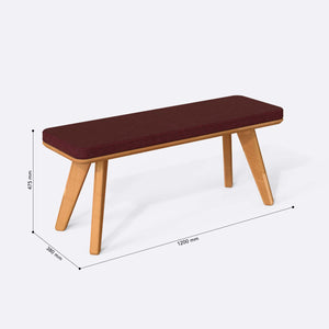 Han Bench 120 x 38 ölçülendirilmiş teknik görünümü, bordo keten döşeme, milimetre cinsinden ölçüler